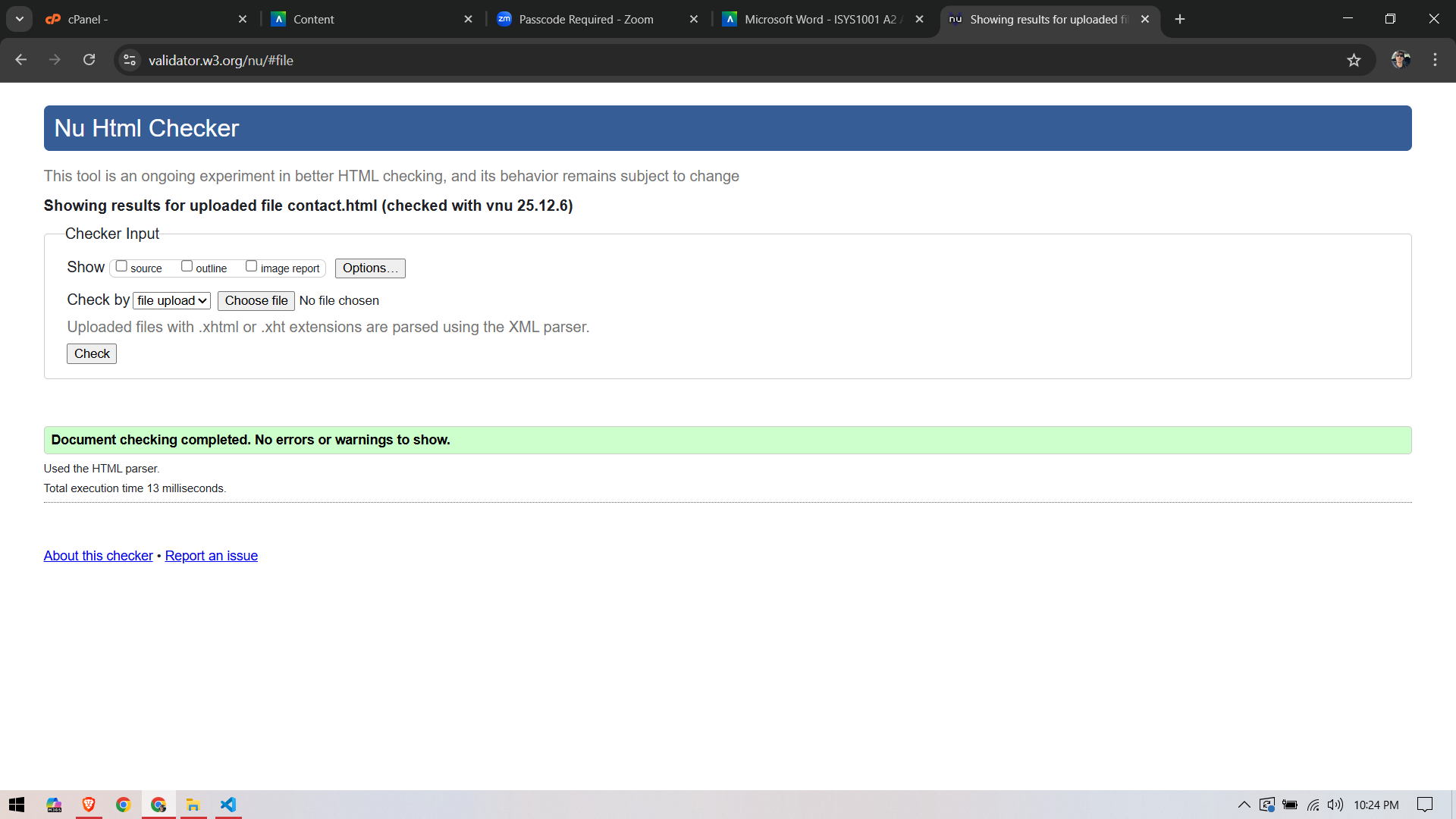 W3C HTML validator result for contact.html