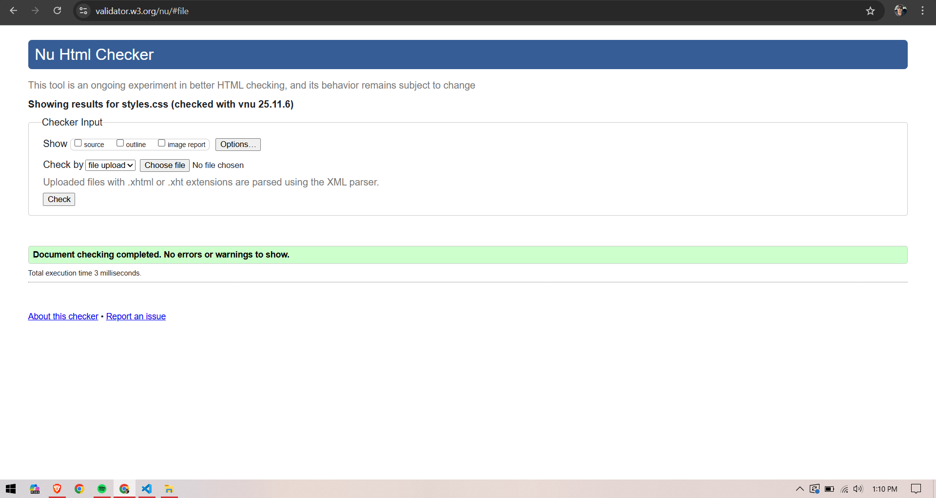 W3C CSS validator result for css/styles.css