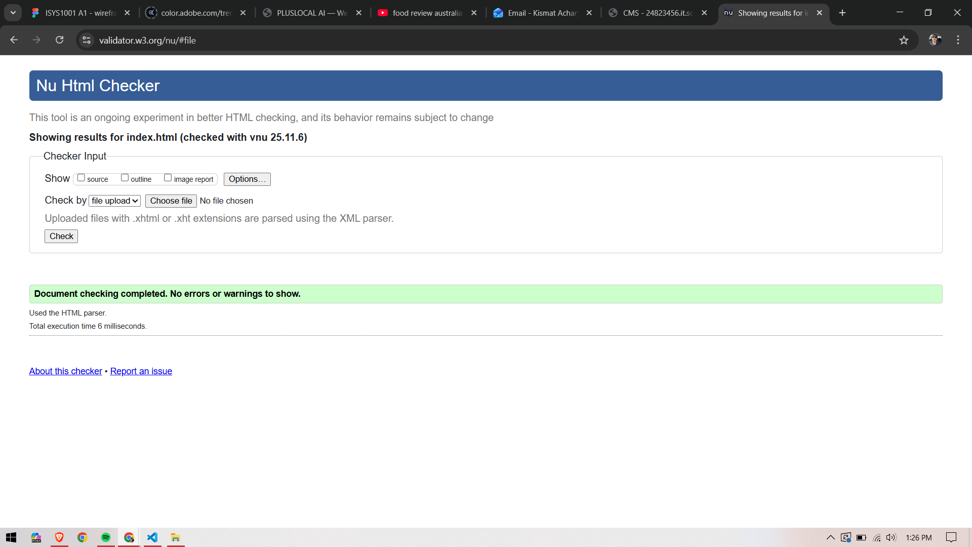 W3C HTML validator result for index.html