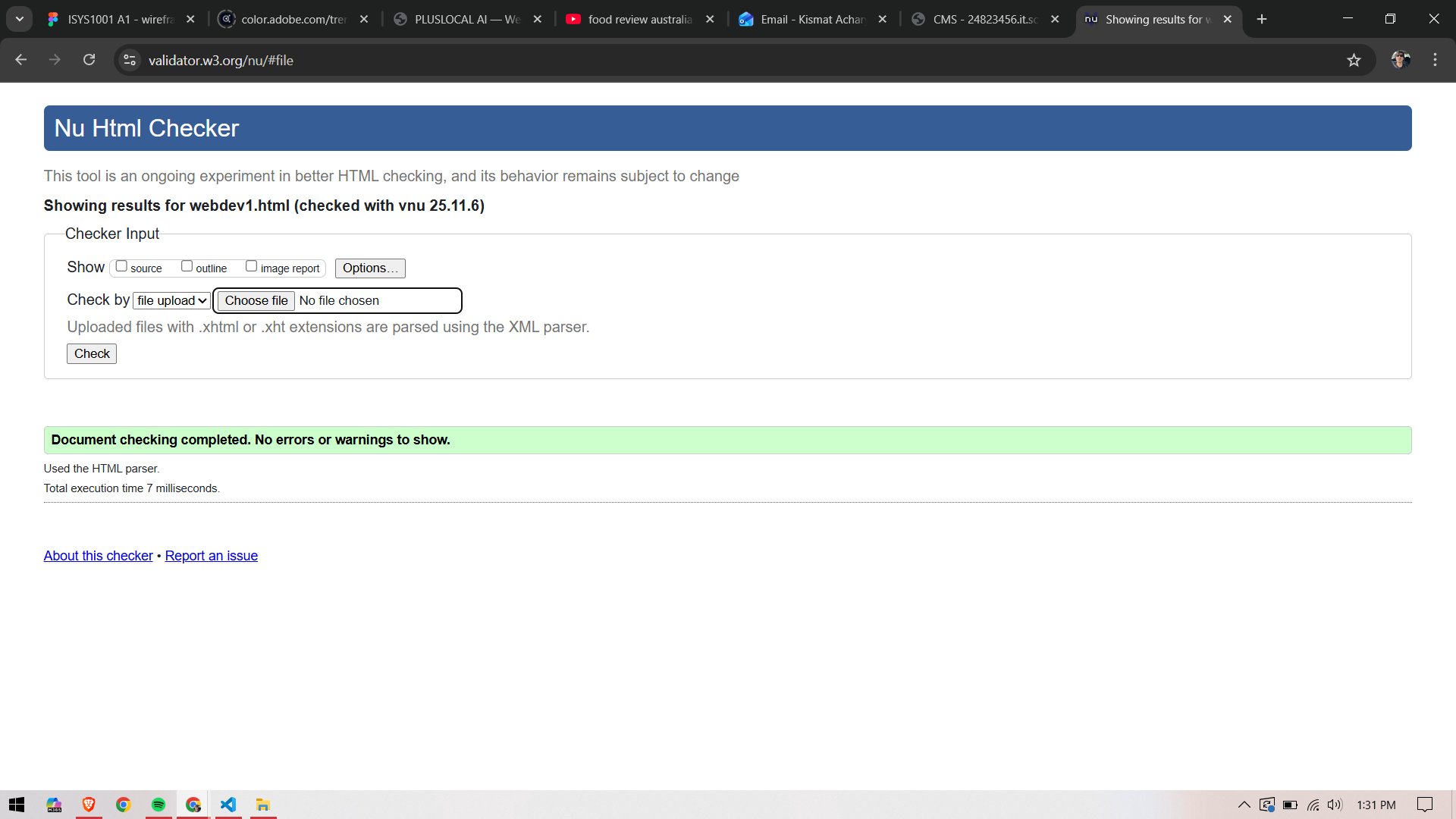 W3C HTML validator result for webdev1.html